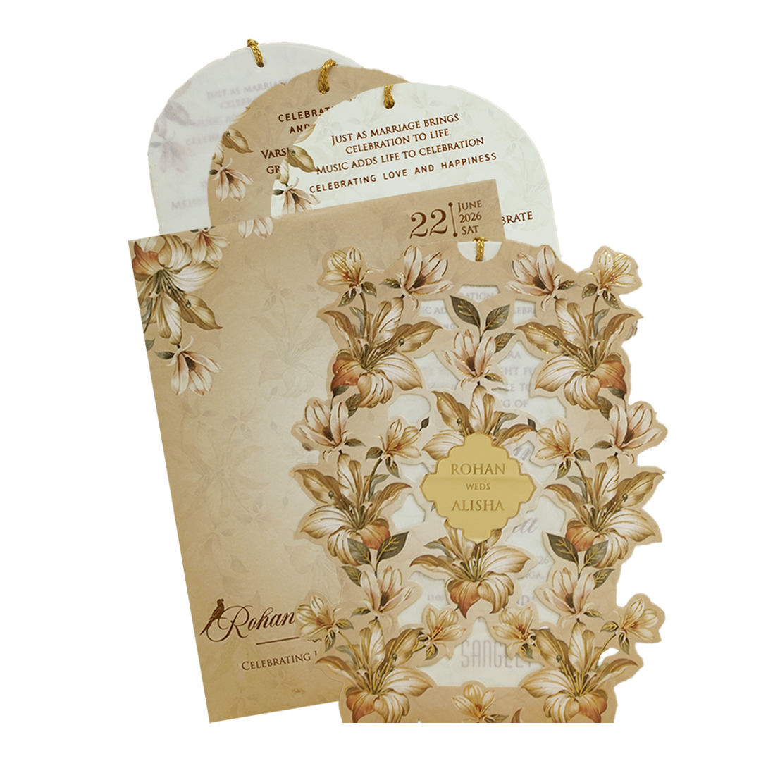 Beige Cream Floral Laser Cut Wedding Card - KFR16200