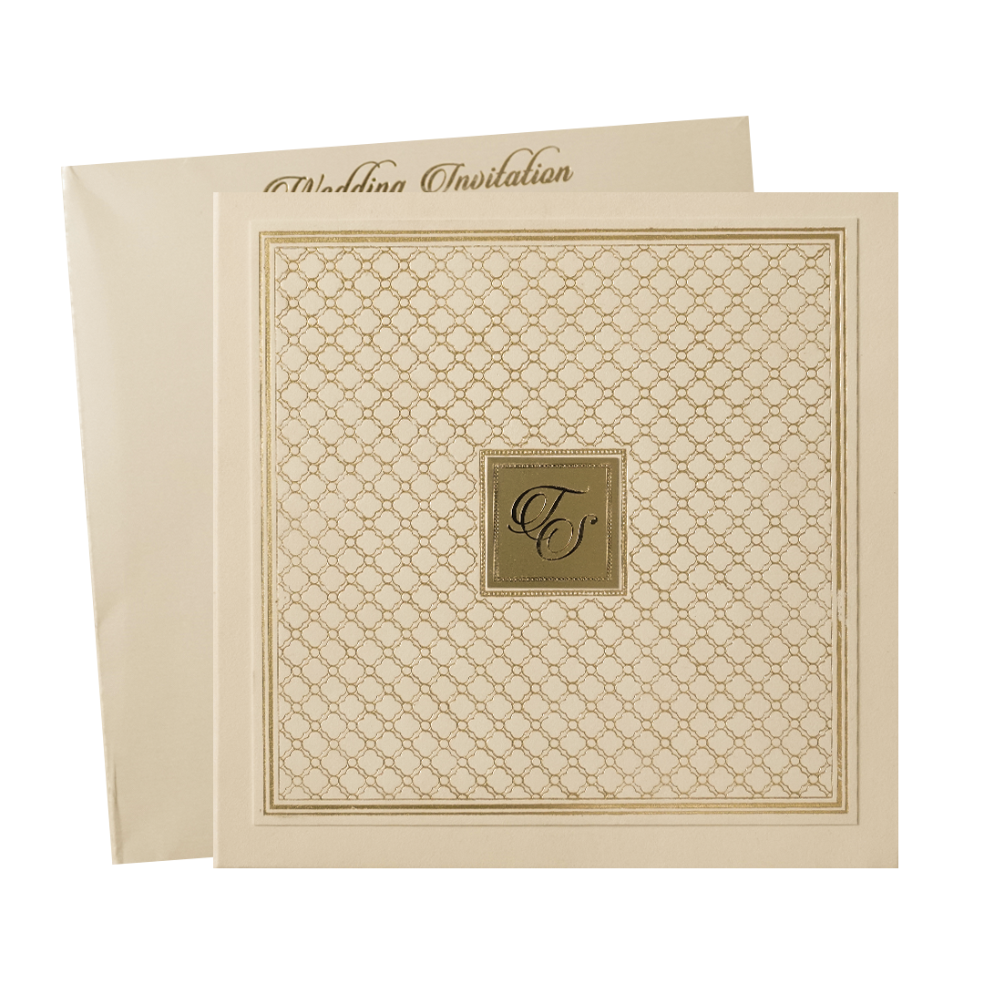 Cream Gold Square Pattern Padded Wedding Card-KMMWD1155