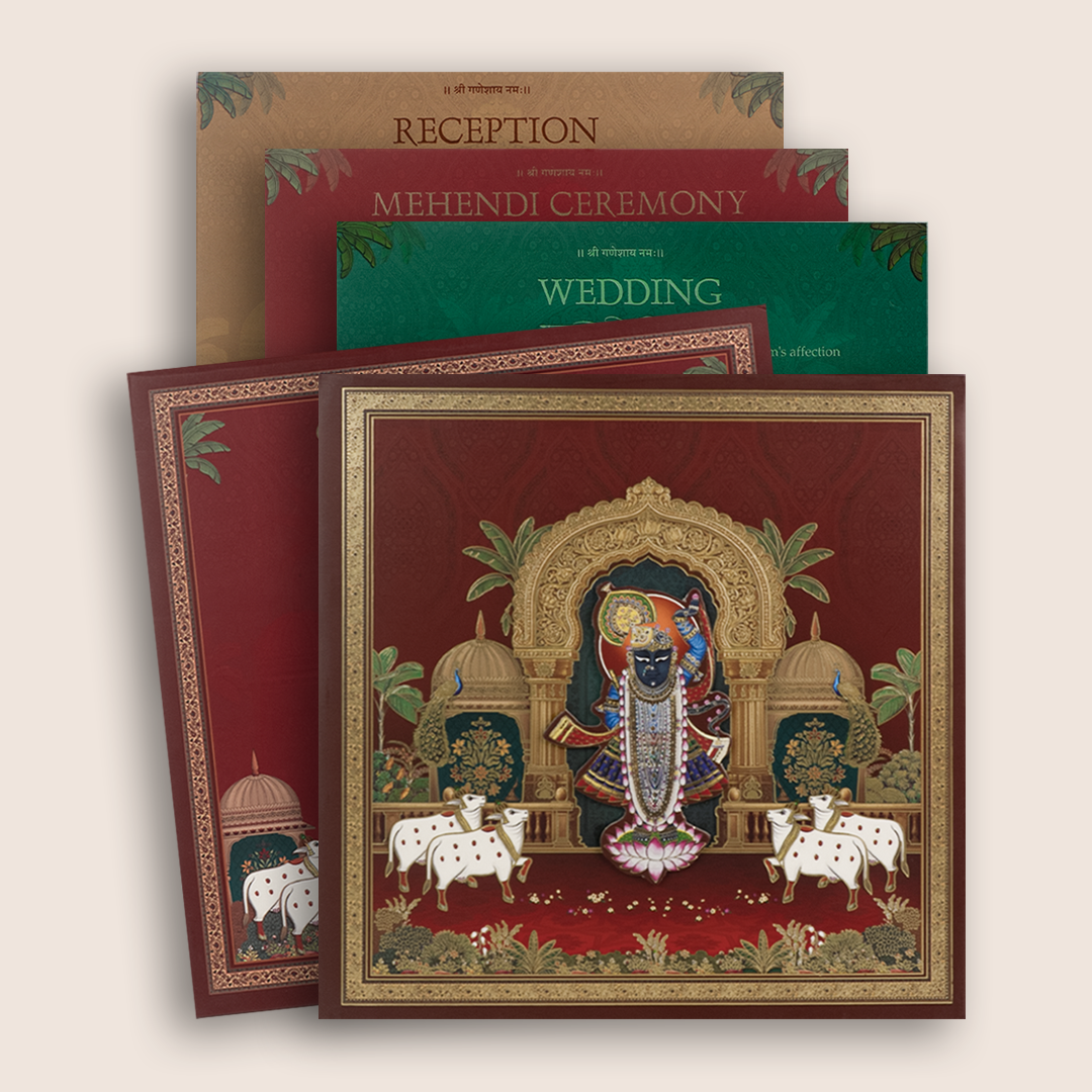 Maroon Lord Shrinathji Padded Wedding Card - KSH18600