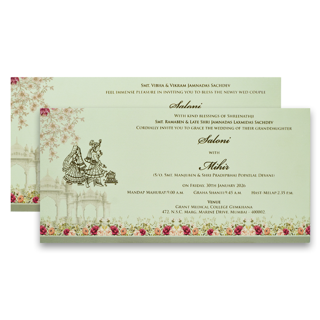 Peach Bride Groom Baraat Palace Wedding Card - KPR06520