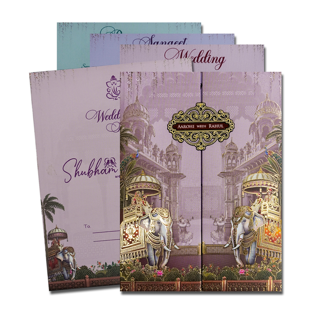 Lavender Palace Elephant Padded Wedding Card-KSH72560