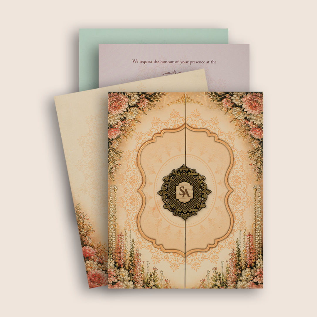 Peach Floral Door Style Padded Wedding Card - KPR07310