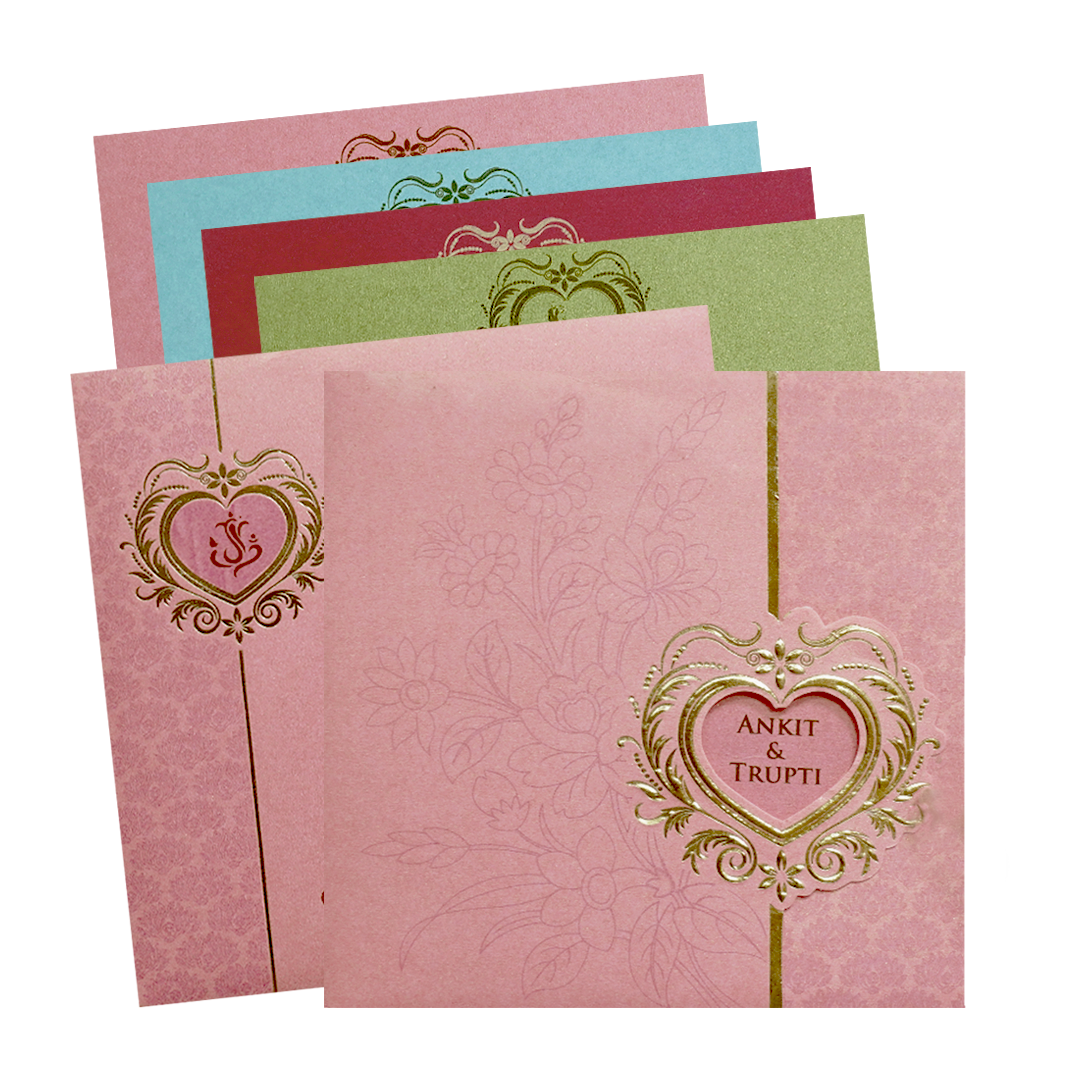 Pink Heart Motif Floral Wedding Invitation Card | King of Cards