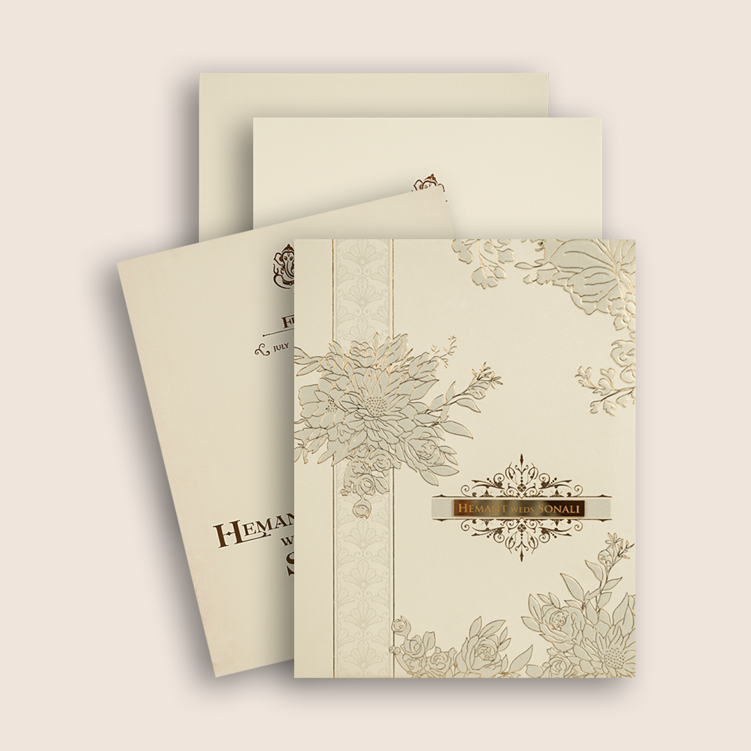 White Golden Floral Embossed Padded Wedding Card - KPR010240