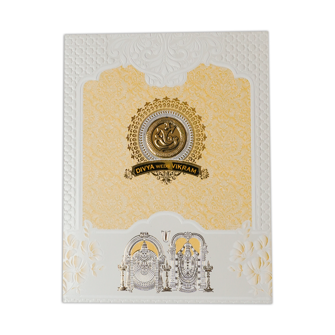 Yellow Embossed Balaji Padded Wedding Card-KNMS9310