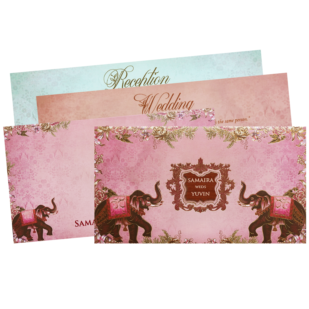 Pink Royal Elephant Floral Padded Wedding Card - KVN07470