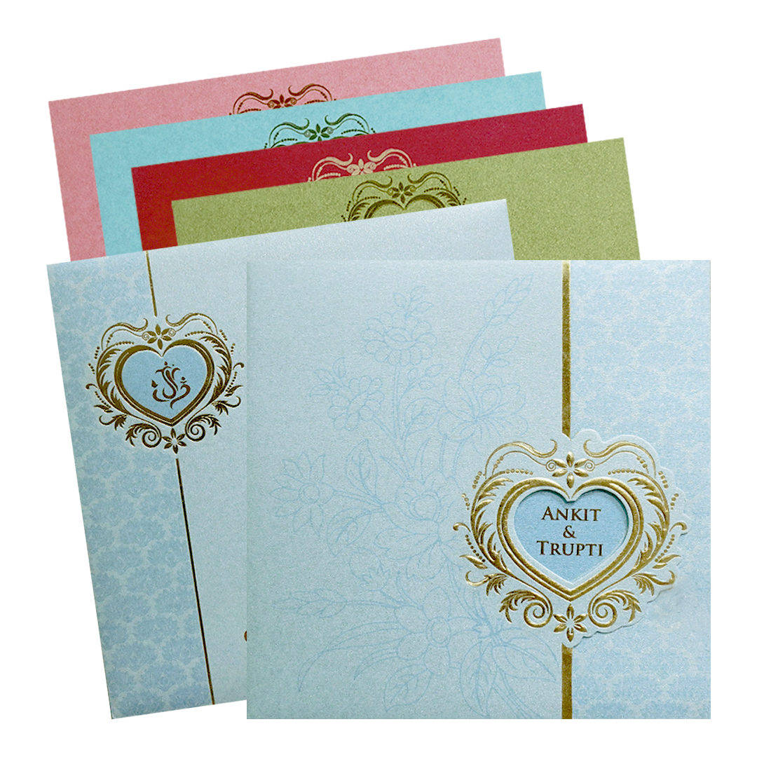 Blue Heart Motif Floral Wedding Invitation Card-KPR06220
