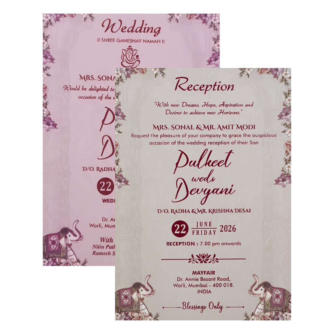 Pink Elephant Floral Padded Wedding Card-KJTS1821