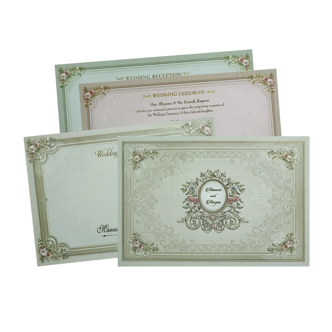 Check out Classic Green Ornate Floral Padded Wedding Card at best price. ?WhatsApp Support ?Express Delivery.