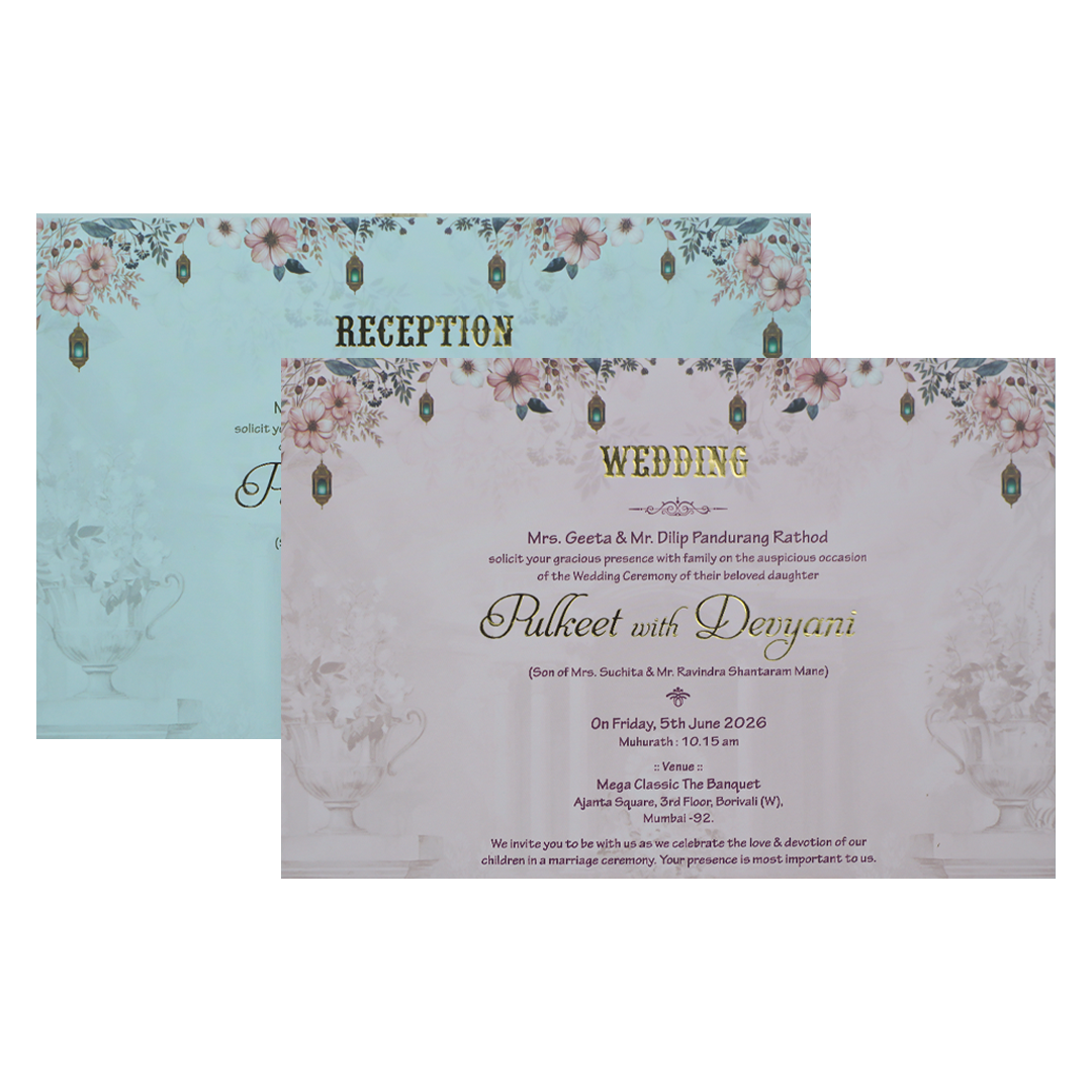 Blue Couple Floral Padded Wedding Card-KJTS1827