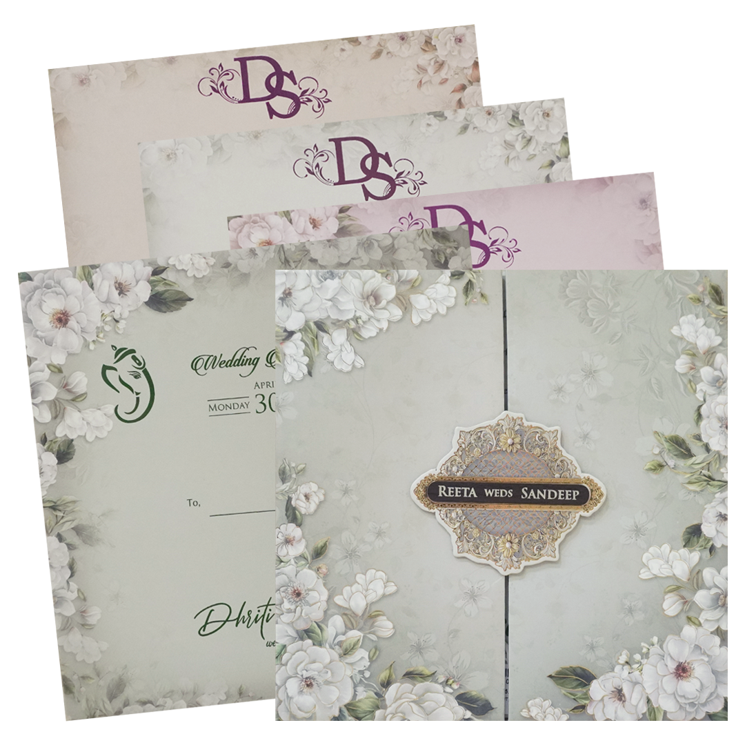 Grey Floral Padded Wedding Card - KSH72790