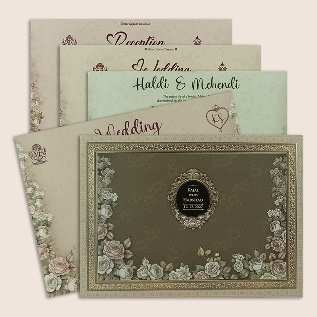 Brown Embossed Floral Padded Marriage Invitation - KSH18930