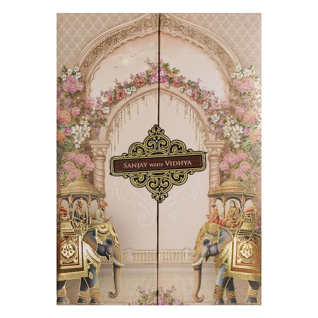 Cream Elephant Carriage Padded Wedding Card-KSH73200