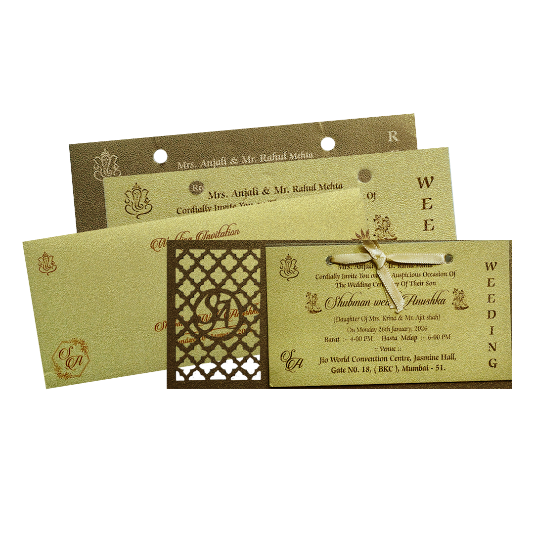 Gold MDF Laser Cutout Wedding Invitation Card with Custom Initials-KRB07030