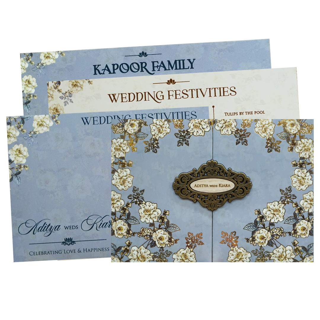 Blue Golden Floral Padded Wedding Card - KFR16400