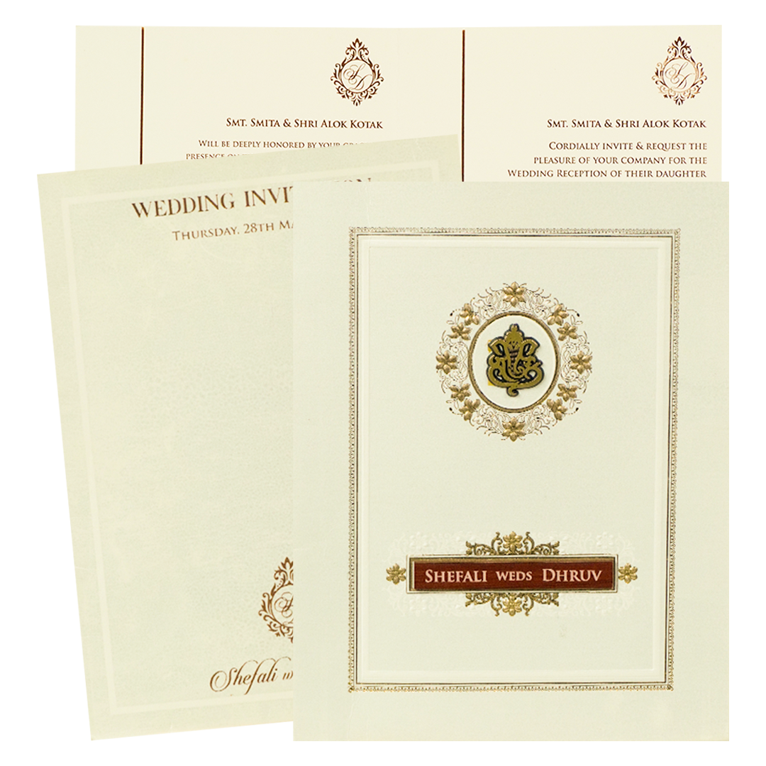 White Embossed Ganesha Wedding card-KRE28470