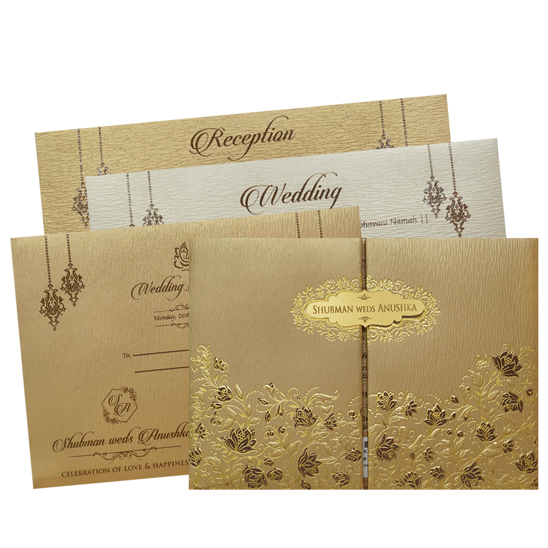 Gold Padded Embossed Floral Wedding Invitation Card-KRB09761