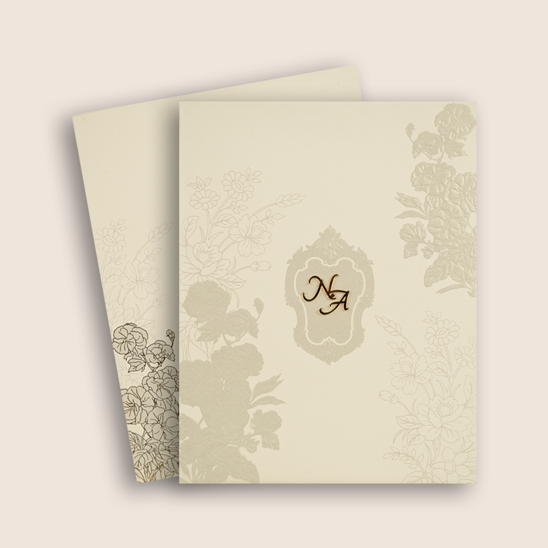 White Grey Floral Embossed Padded Invitation Card - KPR010200