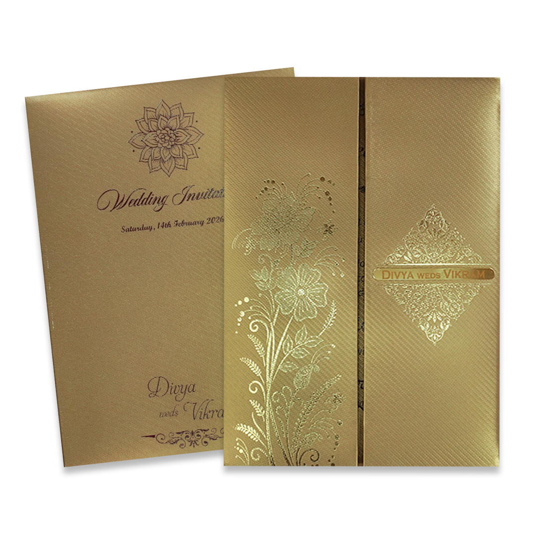 Gold Door-Style Embossed Floral Padded Wedding Card - KNPM9513G