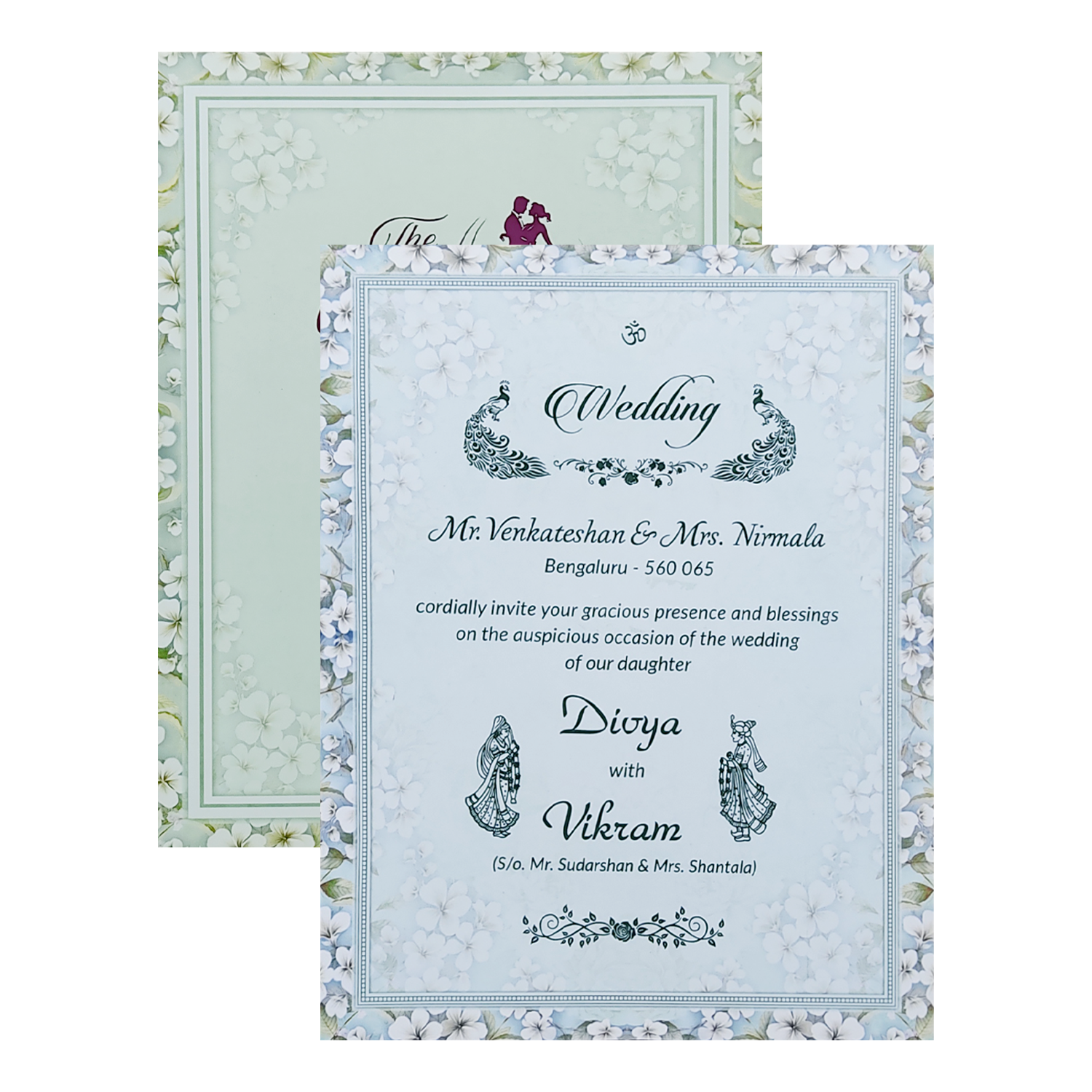 Blue Floral Door Padded Wedding Card-KNMO9303