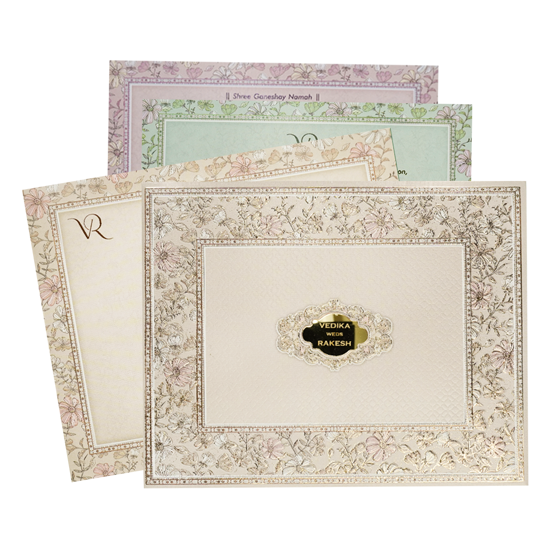Check out Grey Pastel Floral Border Padded Wedding Card at best price. ✅WhatsApp Support ✅Express Delivery.|King of cards.