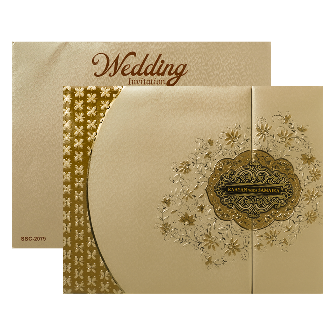 Check out Gold Floral Ornate Padded Wedding Card at best price. ✅WhatsApp Support ✅Express Delivery.|King of cards.