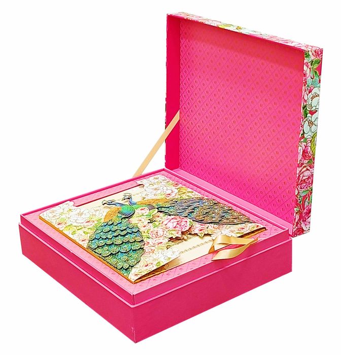 Pink Roses And Colourful Peacocks Ultra Premium Wedding Card-KNKUP033-King of Cards