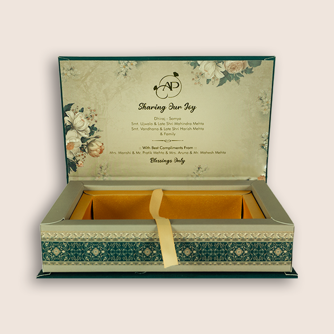 Green Embossed Floral Luxury Wedding Invitation Box - KSI32730