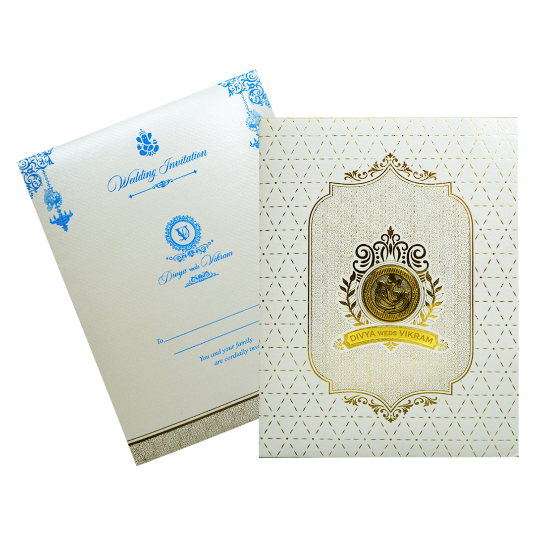 Metallic White Ganesha Wedding Card-KNWT5032