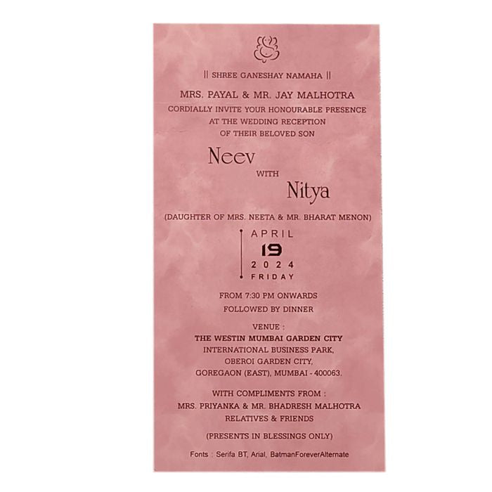 Pink Single Sheet Wedding Card-King of Cards