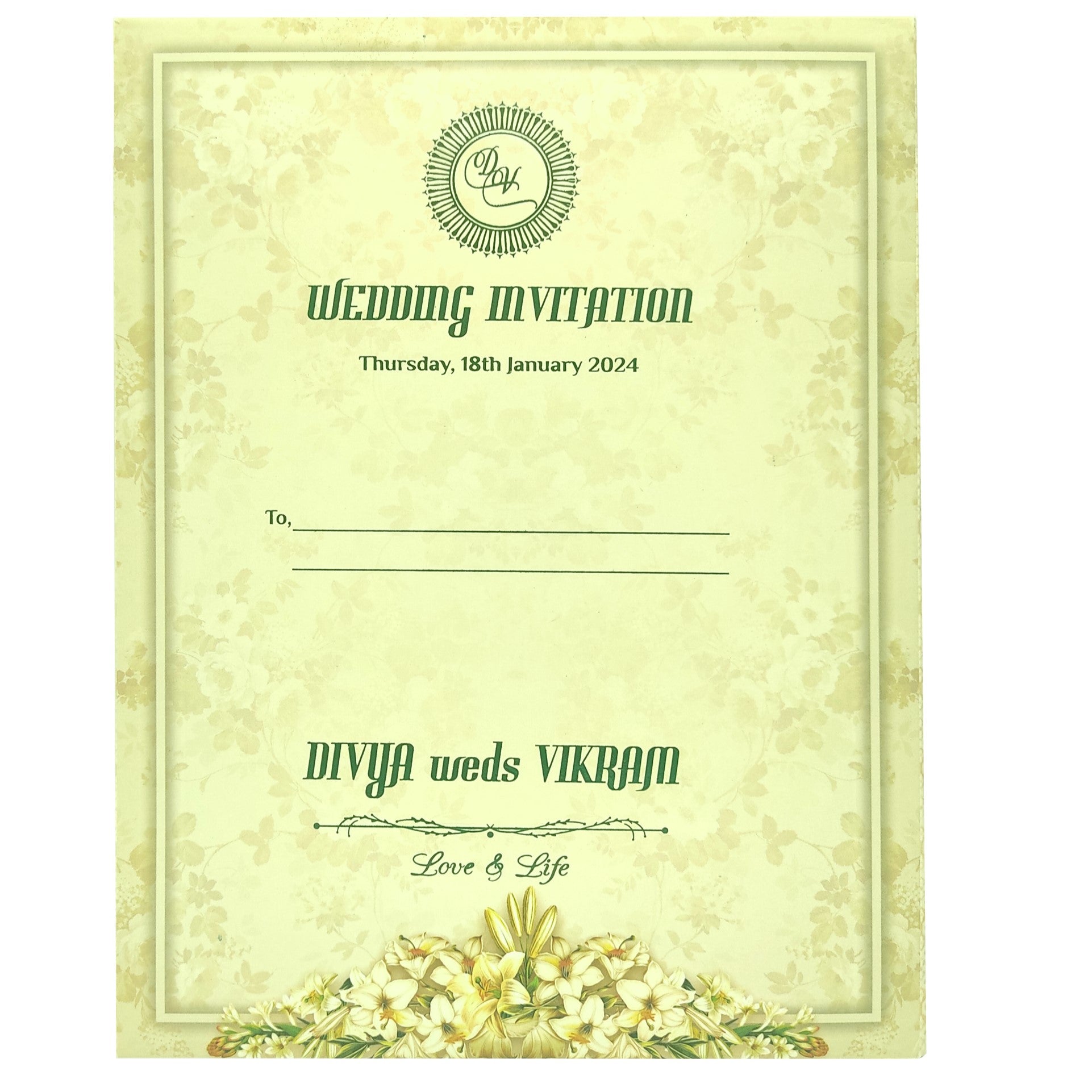 Cream Floral Padded Card In Offset Print With Name Plate-KNPO1505C