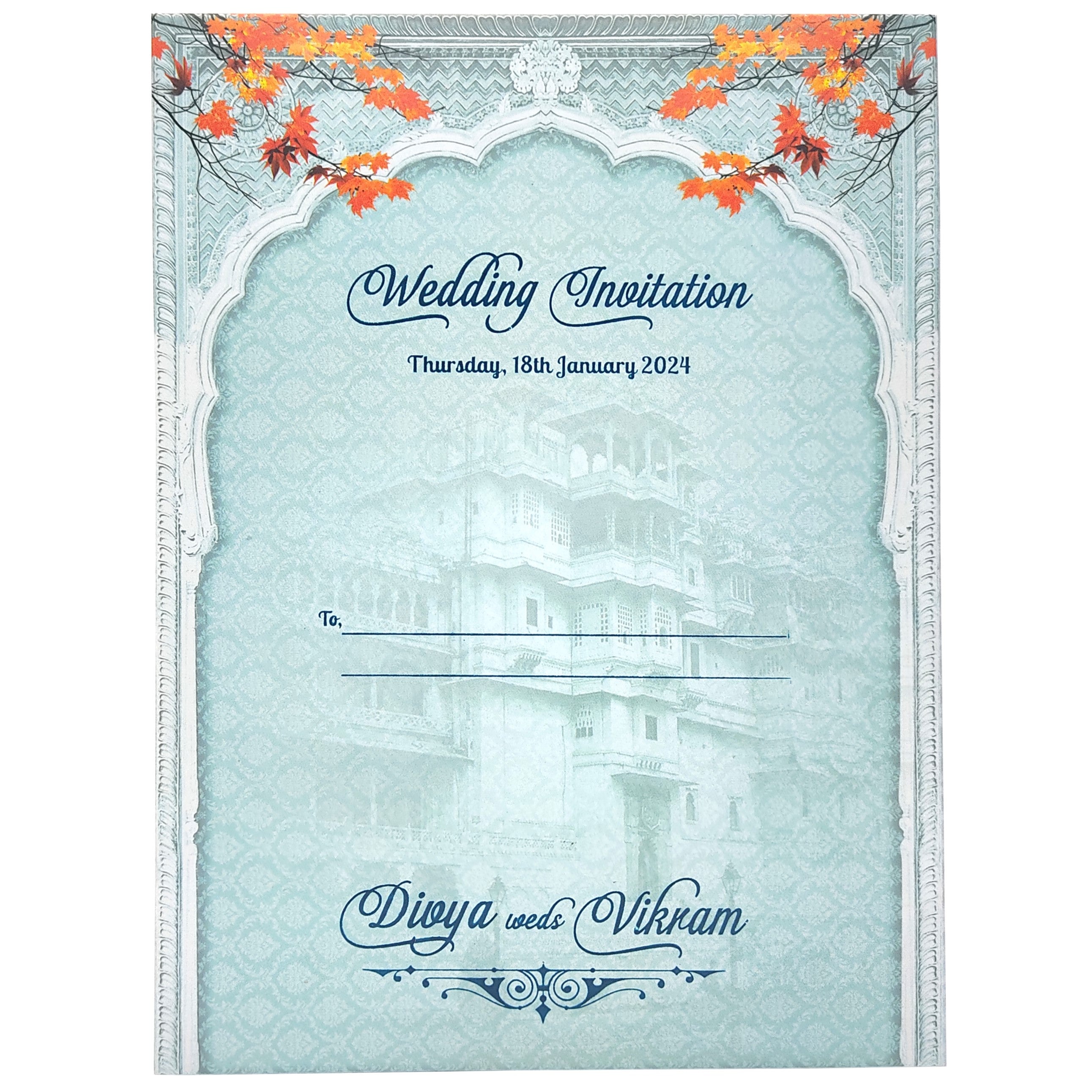 Blue Padded Hindu Wedding Card With Ganesha Image-KNPO9528B