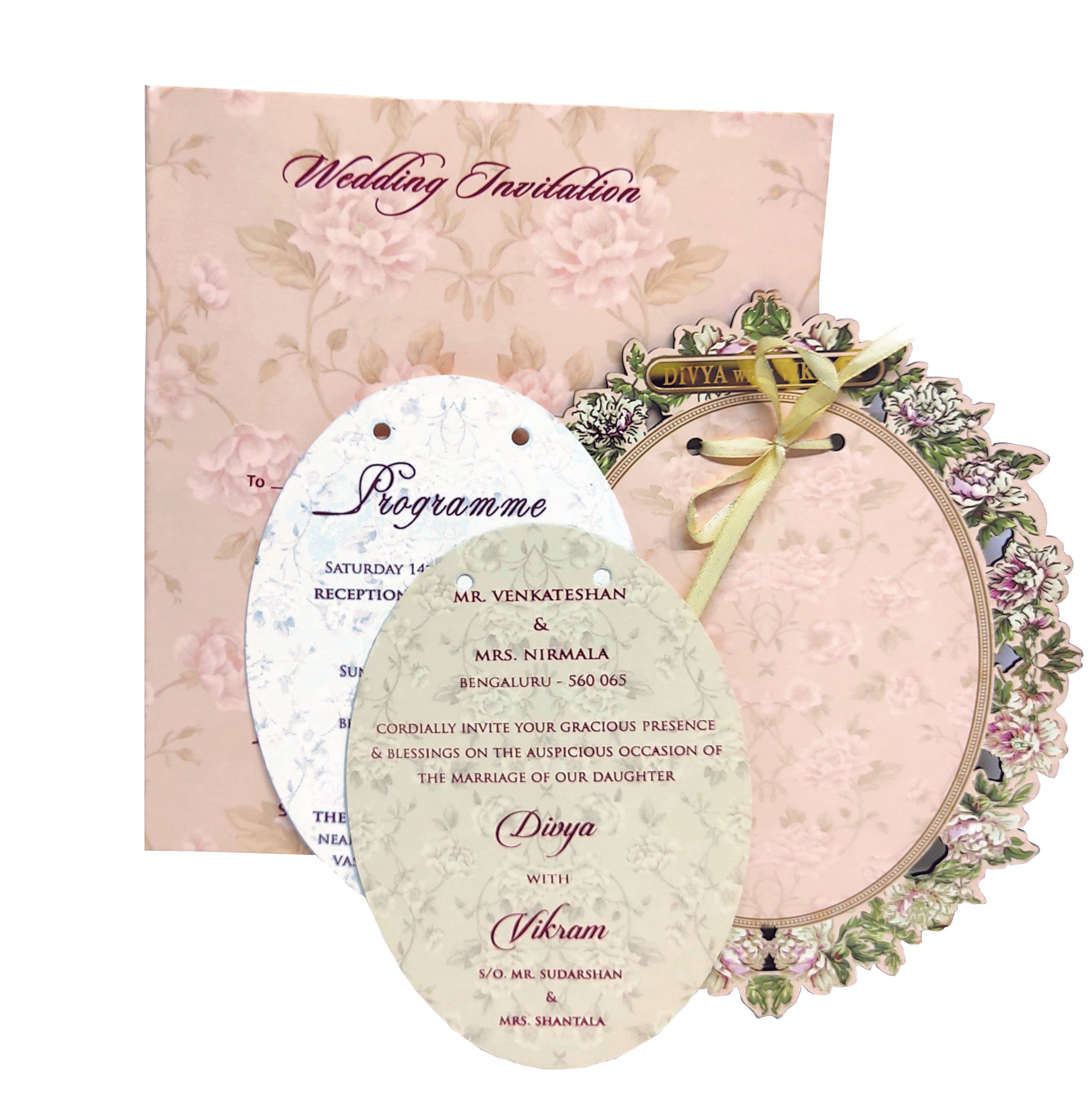Peach Floral Laser Cut Oval MDF Board Wedding Card-KNKA8060