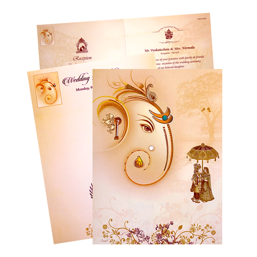 Cream Classic Ganesha With Bride and Groom Design-KNKC4026-King of Cards