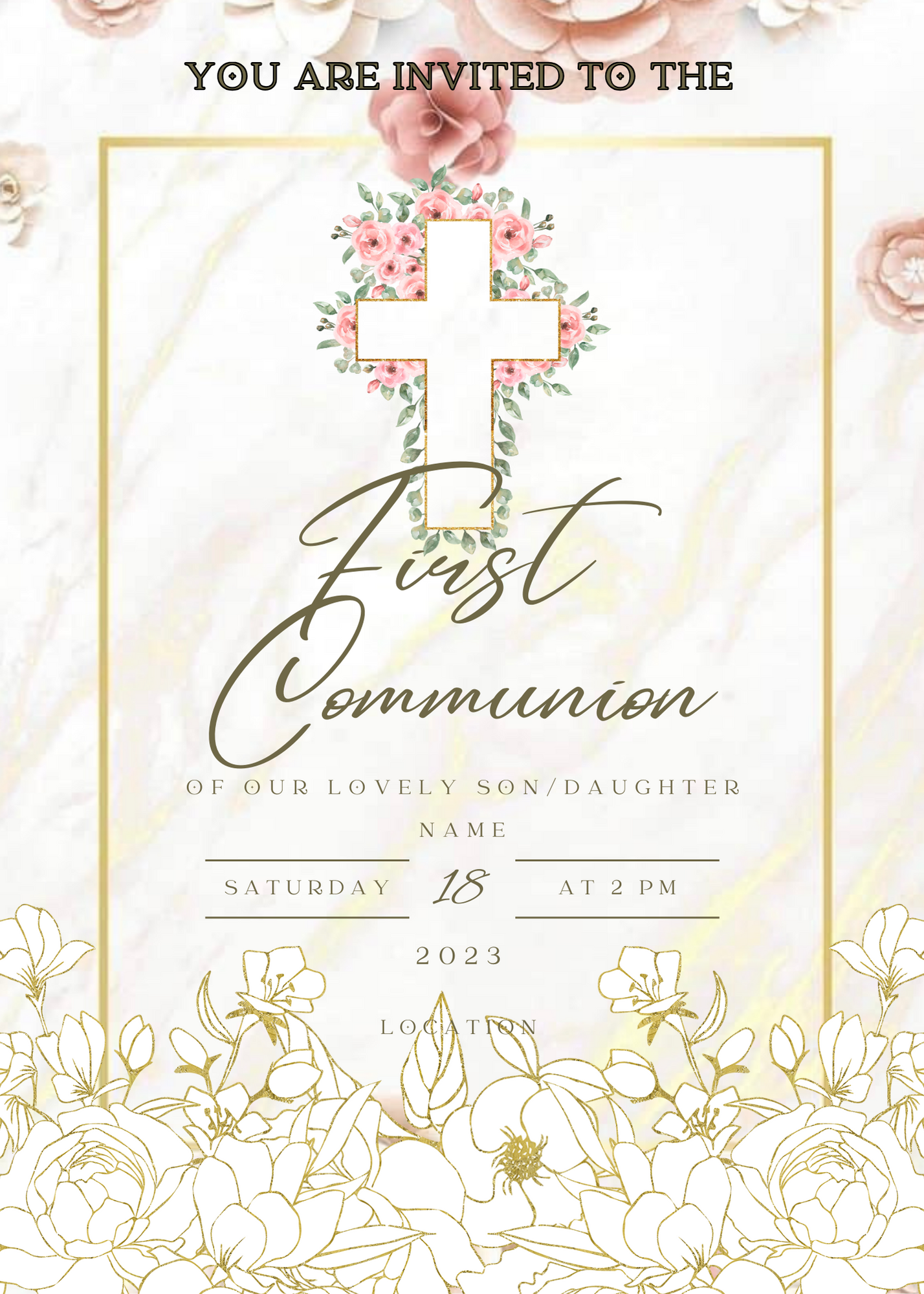 White Golden Frame Holy Communion Invitation-King of Cards