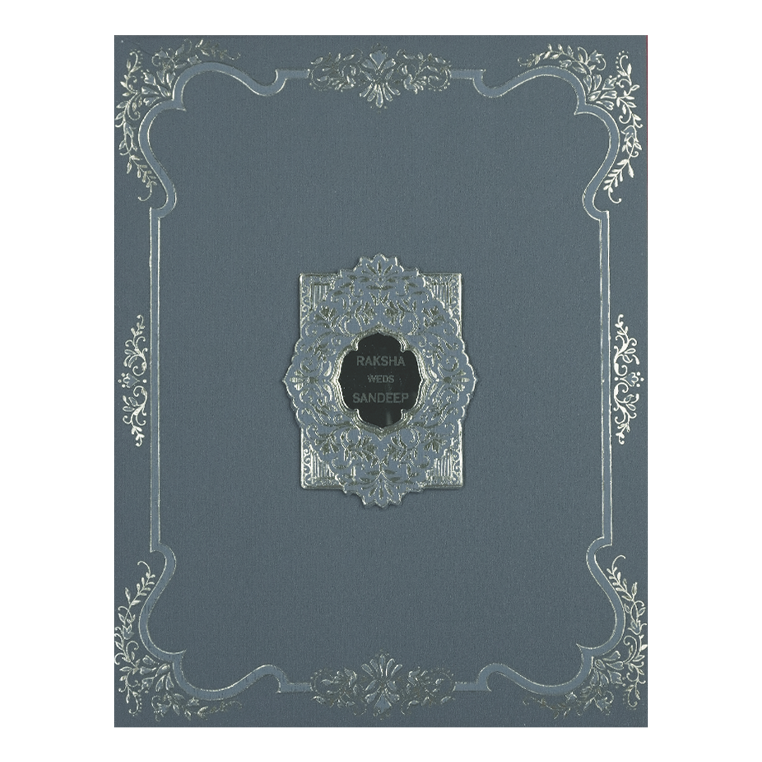 Blue Gold Floral Border Padded Wedding Card-KSI64420