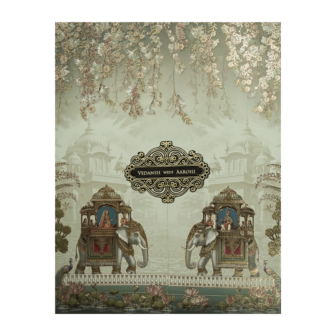 Green Elephant Baraat Wedding Card-KSH73300