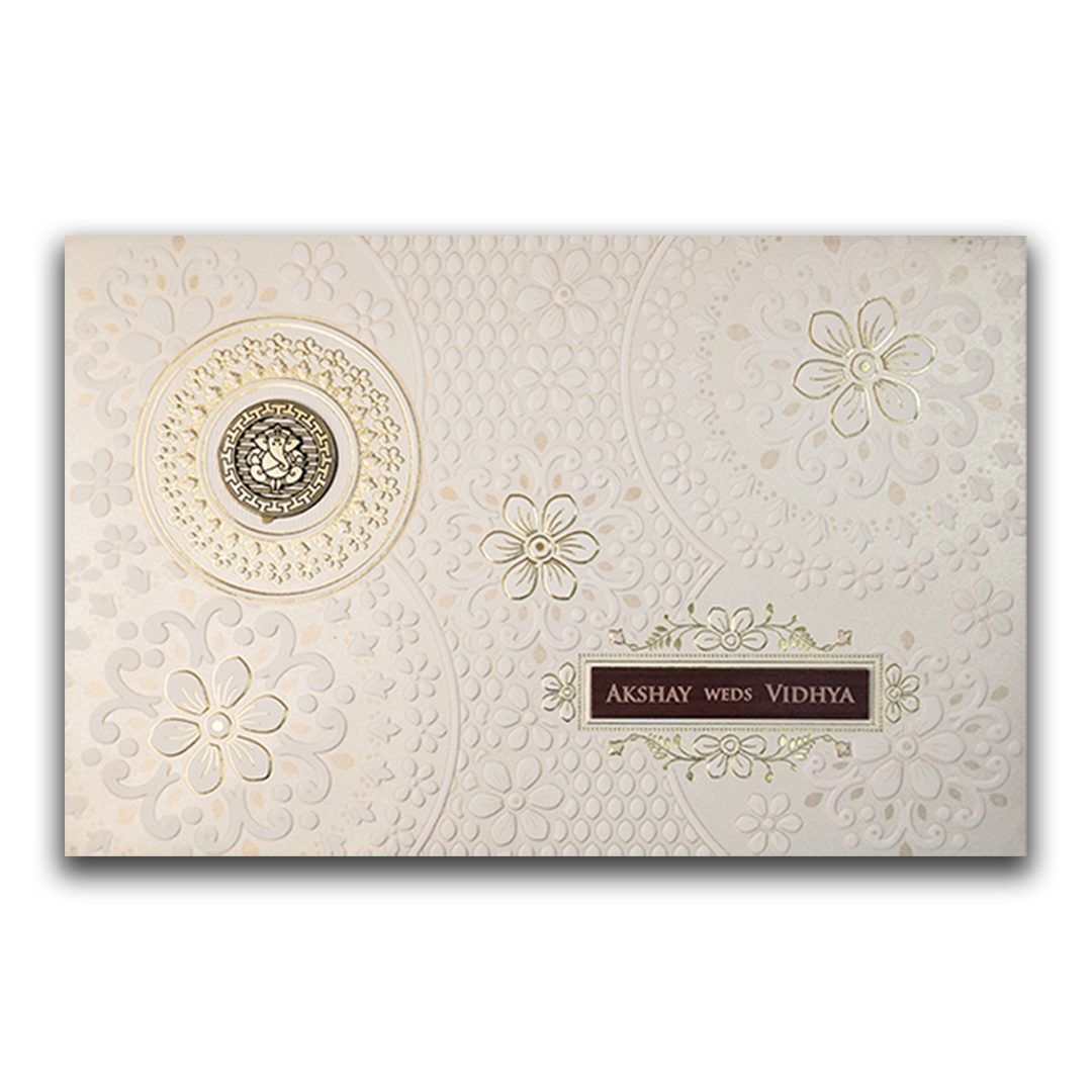 White Floral Ganesha Wedding Card-KSH73640