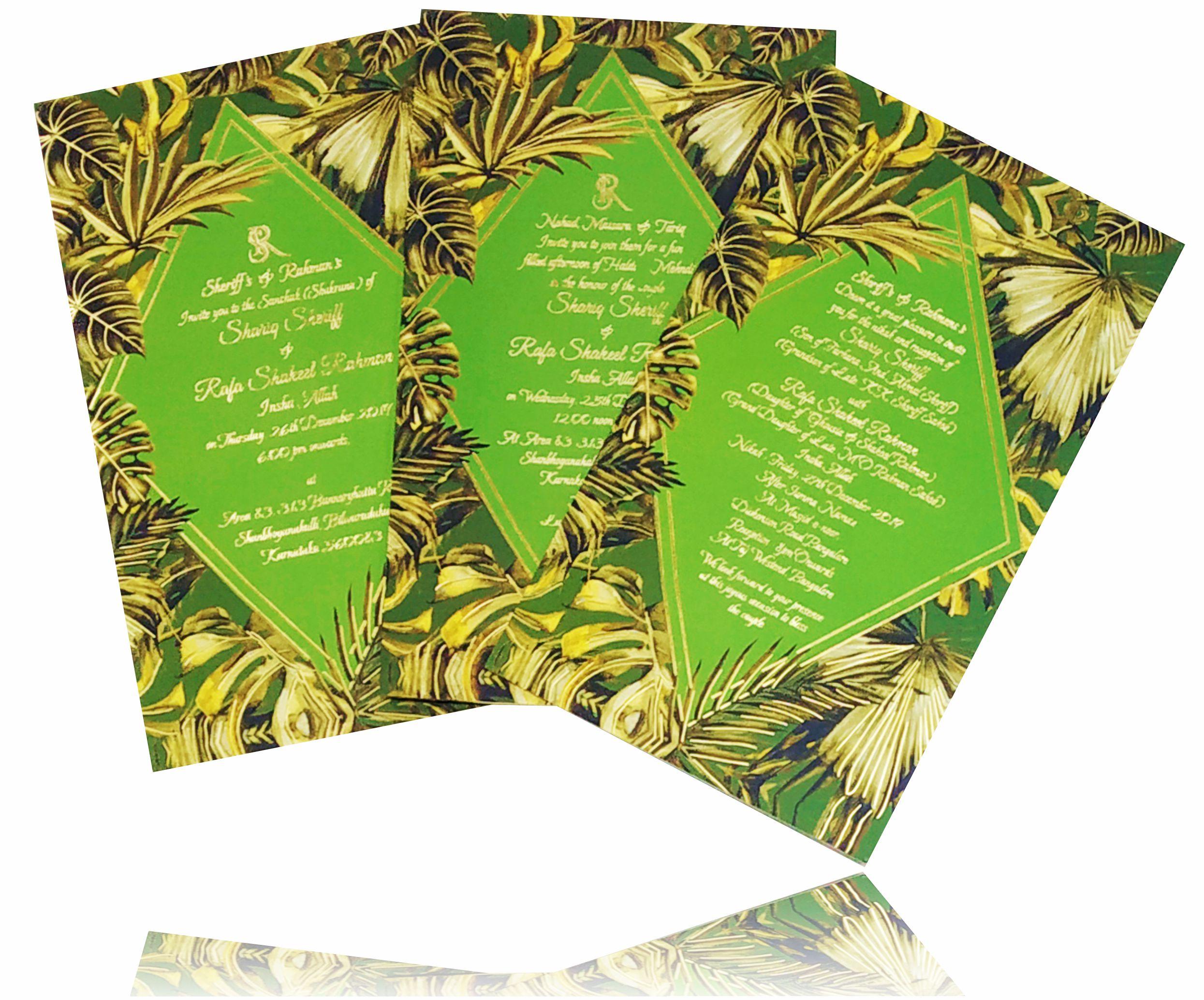 Green Ultra Premium Muslim Invitation In Leaf Design-KNKUP028