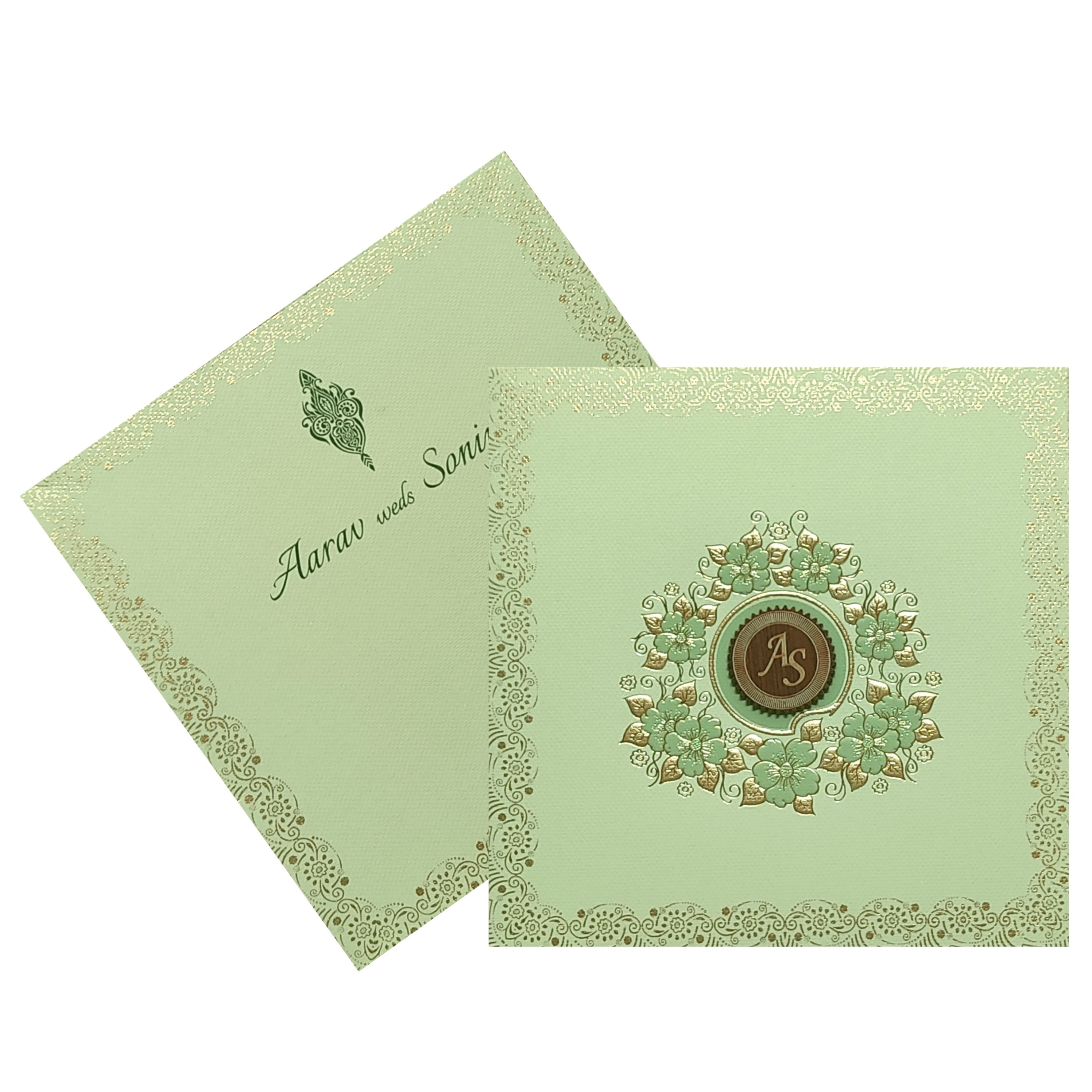 Green Floral Nameplate Padded Invitation Card-KRC29061