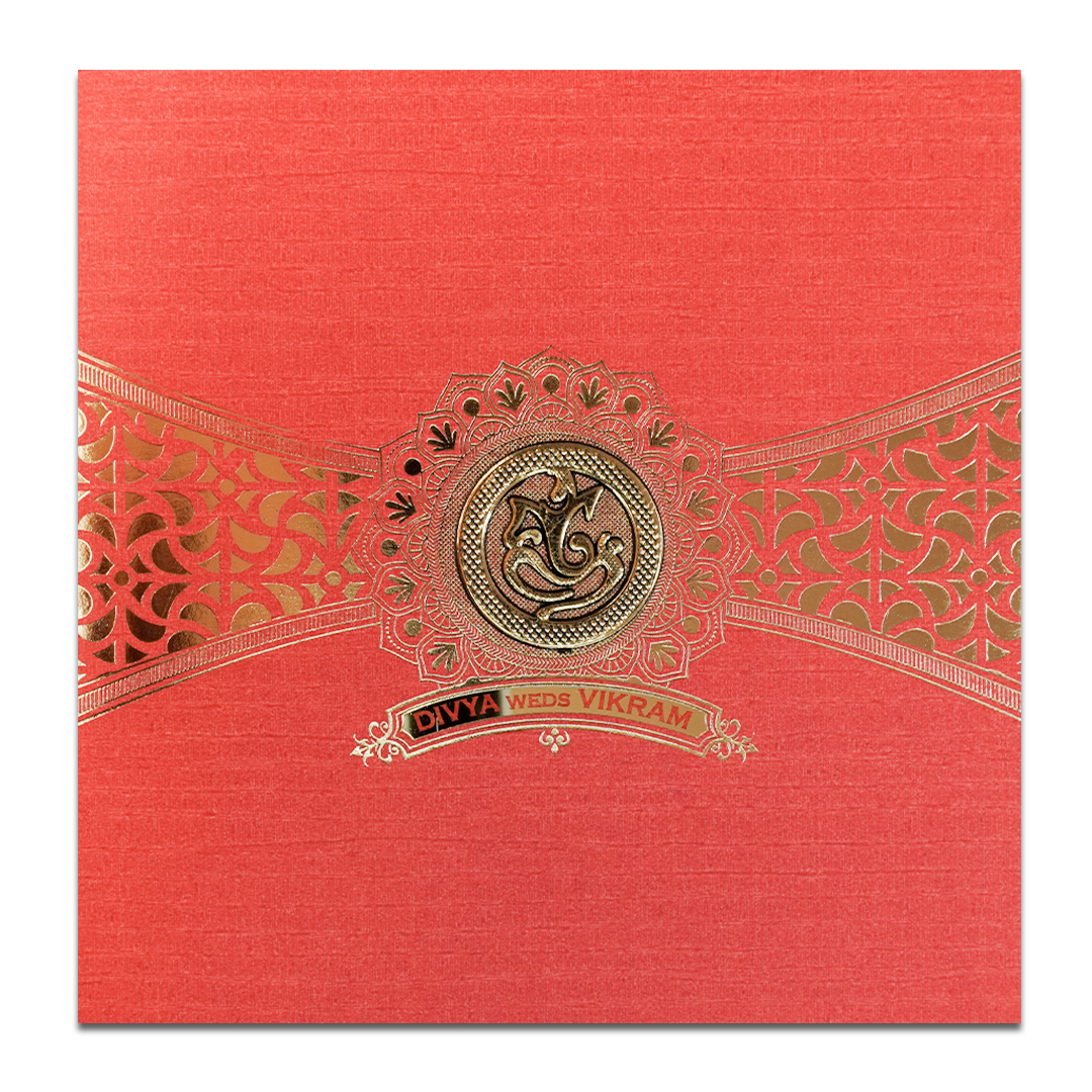 Orange Gold Ganesha Wedding Card-KNBP902L
