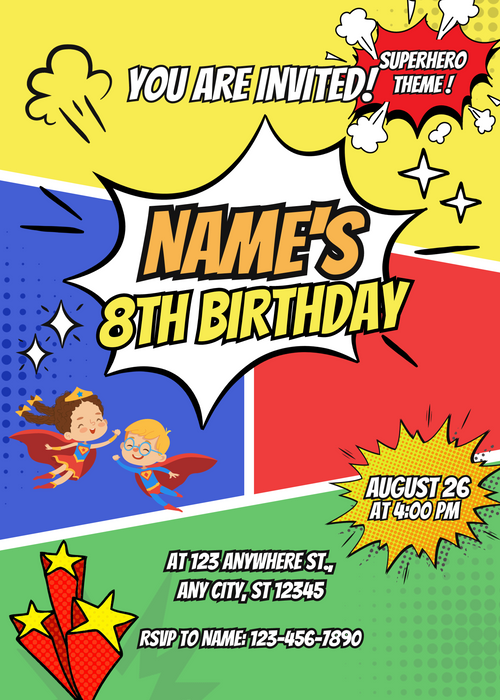 Colorfully Themed Superheroes Invitation-King of Cards