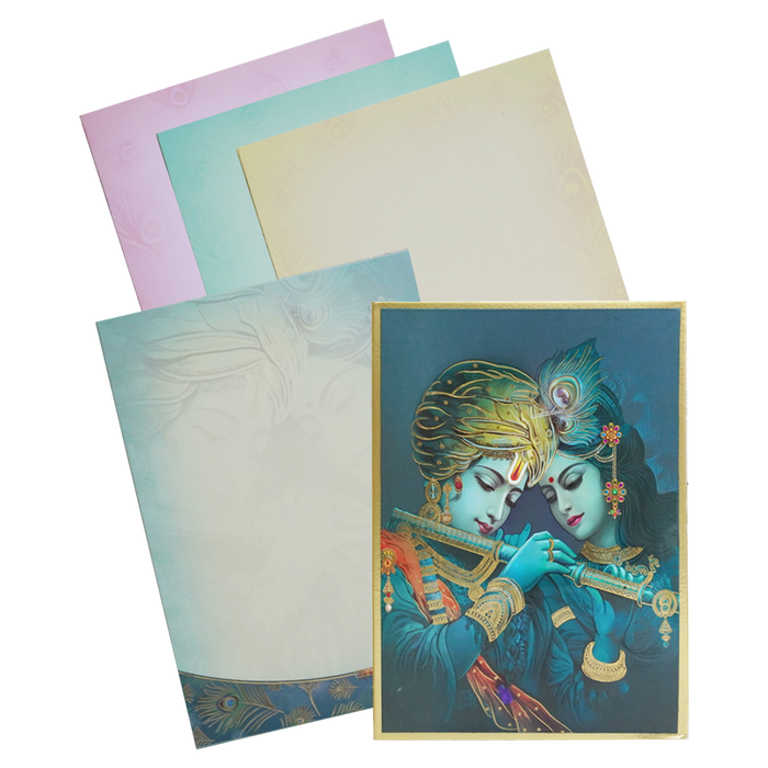 Celebrate in style with customized Green Radha Krishna Padded Wedding Card. Order now! ?WhatsApp Support ?Express Delivery.