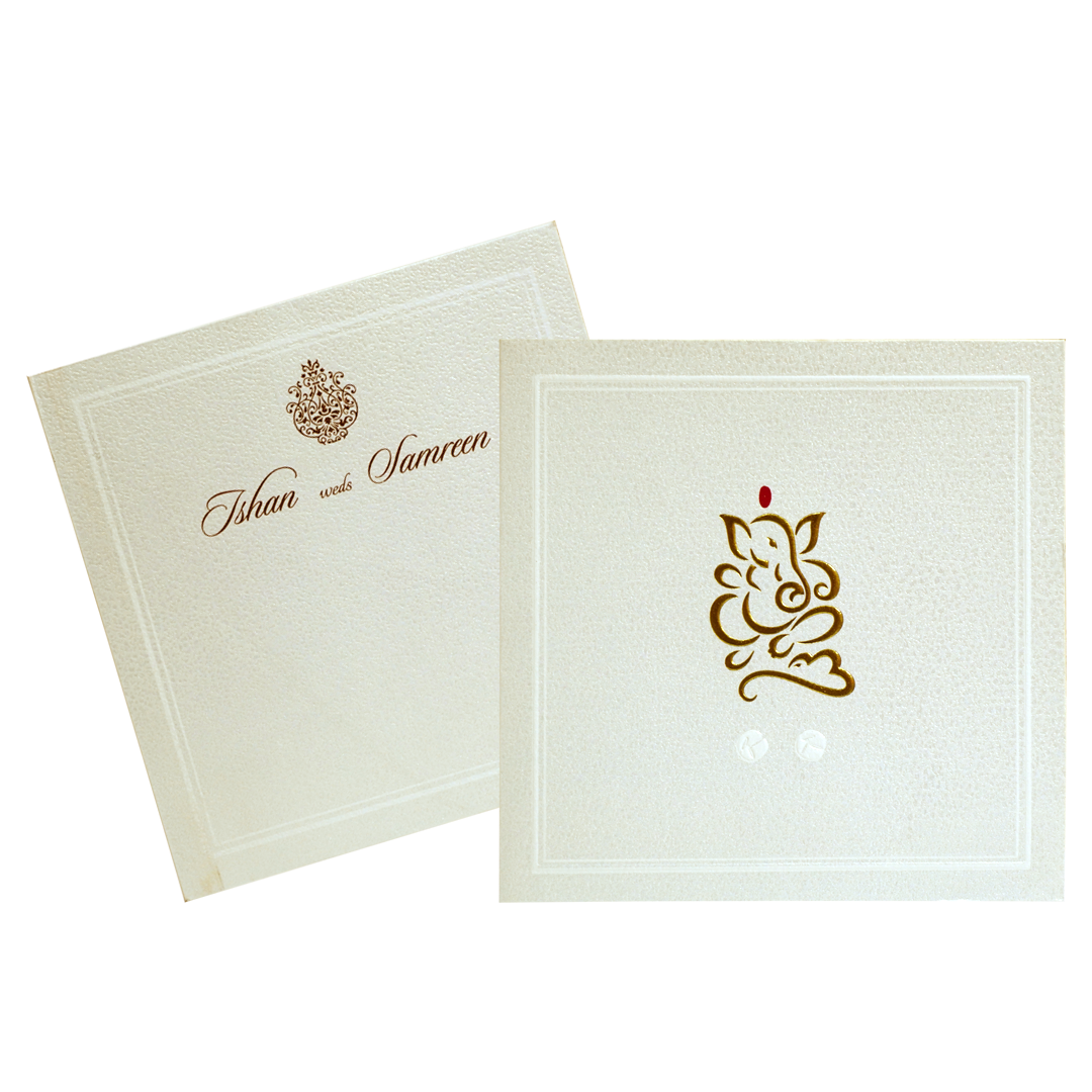 Pearl White Ganesha Wedding Card-KRC30421