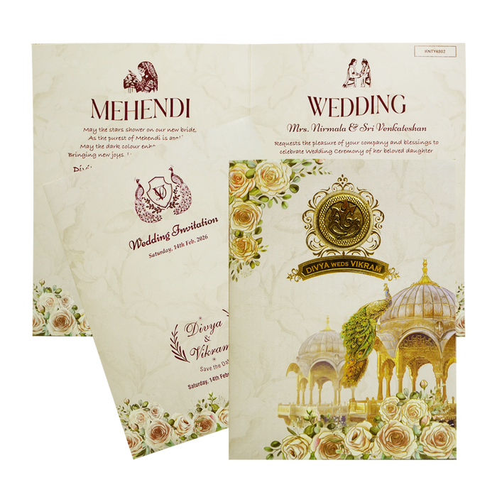 Selling Ivory Traditional Peacock Nameplate invitation card online. Buying invitation cards made easy with King of Cards! ?Customer Support ?Home Delivery.