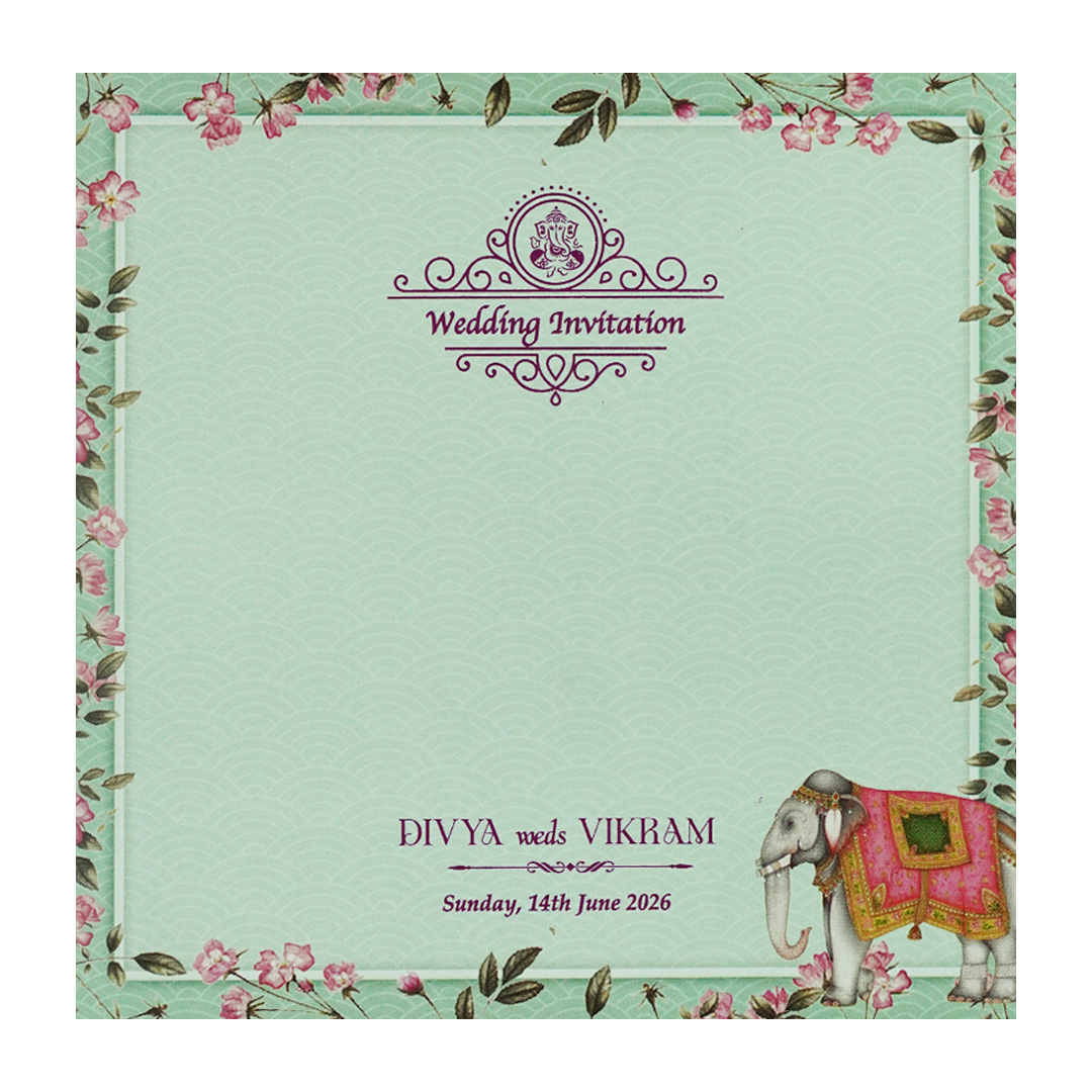 Green Laser-Cut Floral Peacock, Elephant Wedding Card - KNPL5806