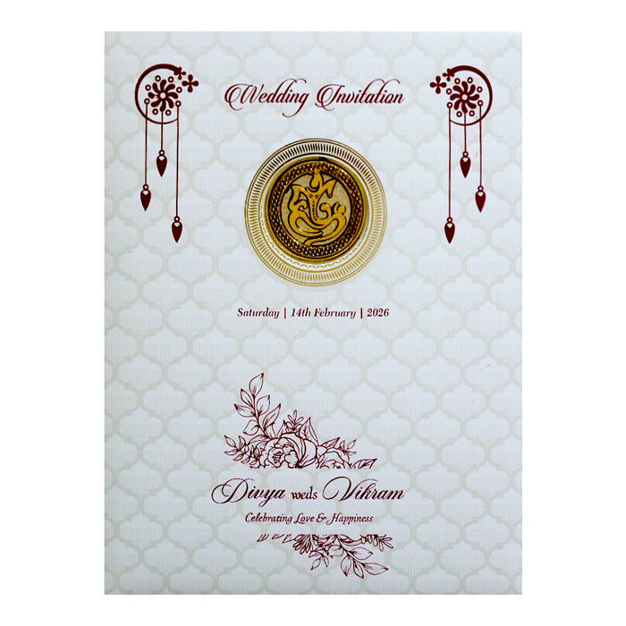 White Embossed Baraat Wedding Invitation Card-King of Cards