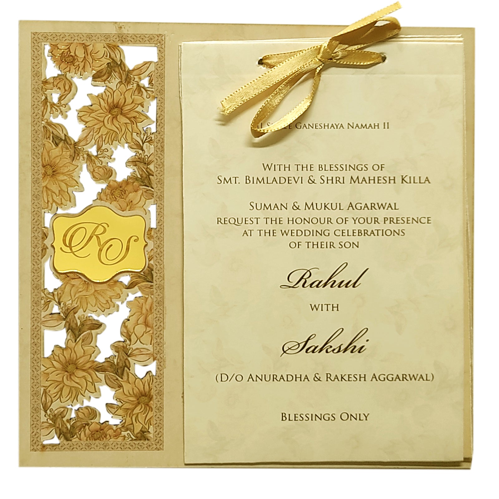 Golden Elegant Floral Lazer Cut MDF Wedding Card-KPR08810
