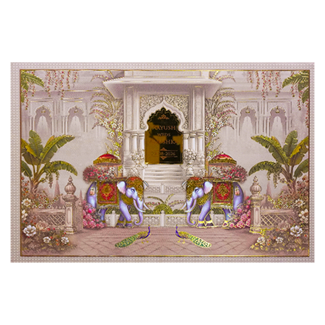 Palace Elephant Peacock Padded Wedding Card-KSH72230