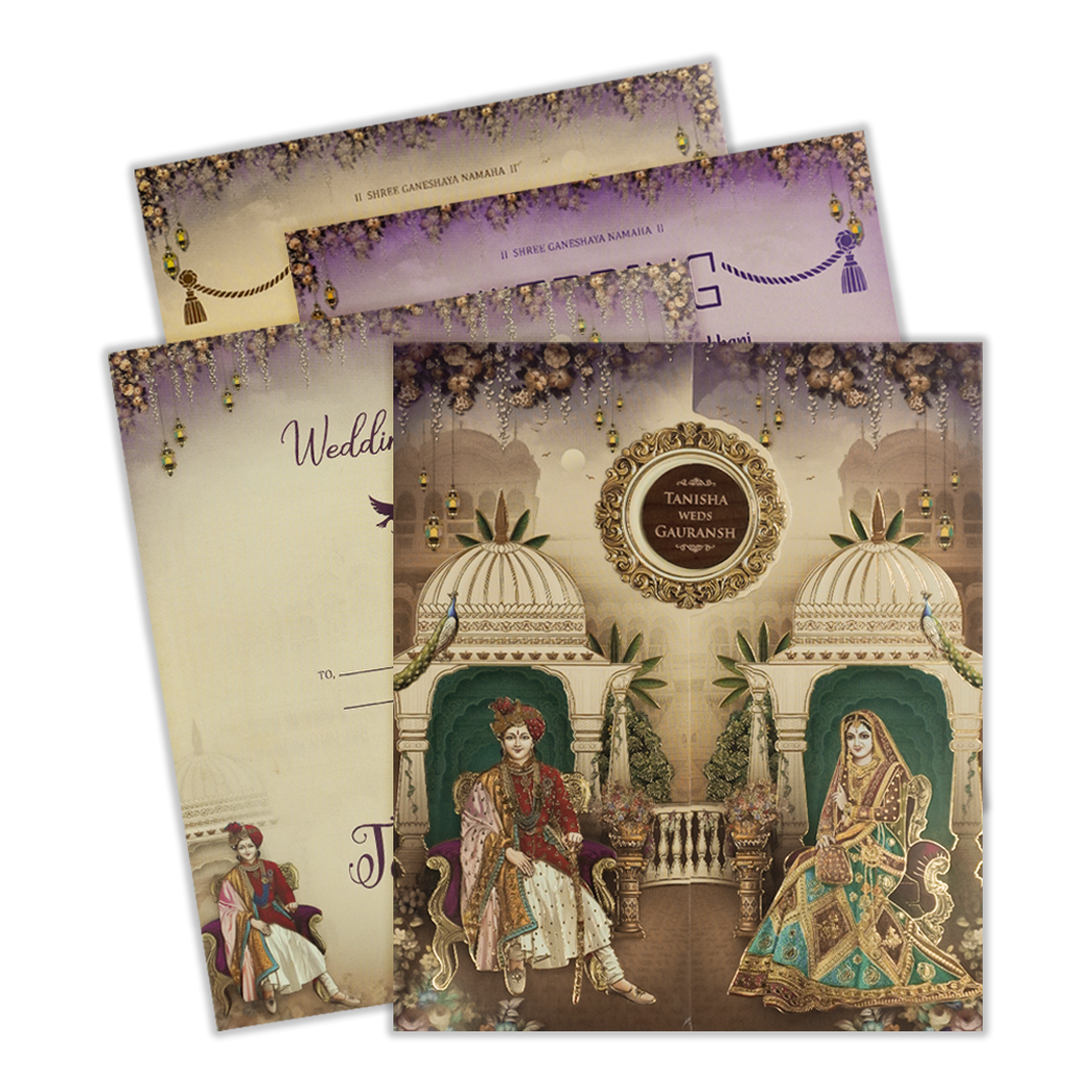 Check out Cream Royal Couple Wedding Card at best price.✅WhatsApp Support ✅Express Delivery.|King of cards.